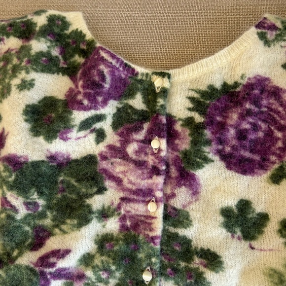 BEST Sezane Adriana Cardigan Violet Green Flowers French Knit Sweater Mohair - Picture 7 of 12